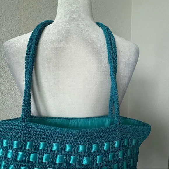 Handbag Shoulder Bag Turquoise Blue Braided Ribbon Weave - Picture 4 of 10